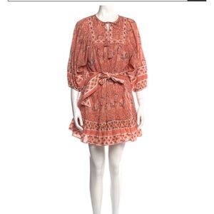 Cleobella Paisley belted peasant boho prairie hippie puff sleeve mini dress sz S